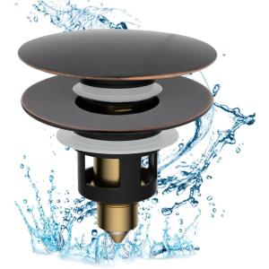 imageHibbent All Metal 2 in 1 Bathroom Sink Stopper Universal Pop Up Drain Strainer Brass Bullet Core Push Type Sink Stopper for 1123 Basin Big Push Button Anti Clogging Drain Filter ChromeOilrubbed Bronze