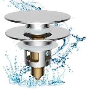 imageHibbent All Metal 2 in 1 Bathroom Sink Stopper Universal Pop Up Drain Strainer Brass Bullet Core Push Type Sink Stopper for 1123 Basin Big Push Button Anti Clogging Drain Filter ChromeChrome