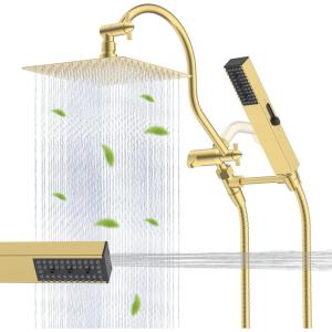 imageHibbent All Metal Shower Head 10 High Pressure Rainfall Shower Head Showerhead Combo Handheld Shower Wand 12 Adjustable Curved Shower Extension Arm 71 Hose Shower Head Holder ChromeBrushed Gold