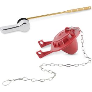 imageHibbent Universal Front Mount Toilet Handle Replacement Kit with 2inch Universal Toilet Flapper Stainless Steel Flapper Chains Chrome Finish Toilet Trip Lever and Red Toilet Flapper Replacement KitChromeRed