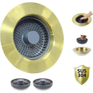 imageHibbent Upgraded 3 in 1 Kitchen Sink Drain Strainer and Stopper Combo Stainless Steel Metal Pop Up Sink Stopper AntiClogging Basket Strainer with Handle for US Standard 312 Inch DrainBrushed Goldgrey
