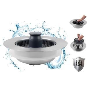 imageHibbent Upgraded 3 in 1 Kitchen Sink Drain Strainer and Stopper Combo Stainless Steel Metal Pop Up Sink Stopper AntiClogging Basket Strainer with Handle for US Standard 312 Inch DrainChrome