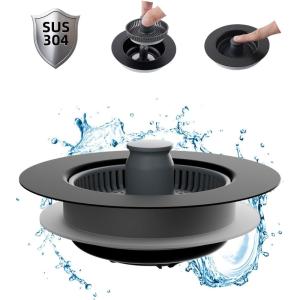 imageHibbent Upgraded 3 in 1 Kitchen Sink Drain Strainer and Stopper Combo Stainless Steel Metal Pop Up Sink Stopper AntiClogging Basket Strainer with Handle for US Standard 312 Inch DrainBlack