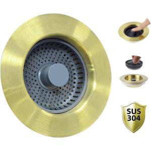imageHibbent Upgraded 3 in 1 Kitchen Sink Drain Strainer and Stopper Combo Stainless Steel Metal Pop Up Sink Stopper AntiClogging Basket Strainer with Handle for US Standard 312 Inch DrainGold