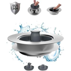 imageHibbent Upgraded 3 in 1 Kitchen Sink Drain Strainer and Stopper Combo Stainless Steel Metal Pop Up Sink Stopper AntiClogging Basket Strainer with Handle for US Standard 312 Inch DrainSlivergrey