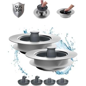 imageHibbent Upgraded 3 in 1 Kitchen Sink Drain Strainer and Stopper Combo Stainless Steel Metal Pop Up Sink Stopper AntiClogging Basket Strainer with Handle for US Standard 312 Inch DrainChromegrey