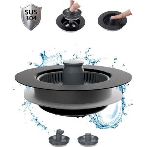 imageHibbent Upgraded 3 in 1 Kitchen Sink Drain Strainer and Stopper Combo Stainless Steel Metal Pop Up Sink Stopper AntiClogging Basket Strainer with Handle for US Standard 312 Inch DrainMatte Blackmatte Black
