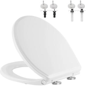 imageHibbent Premium Elongated Toilet Seat with CoverOval Quiet Close OneClick to Quick Release Easy Installation Never Loosen Hinge Slow Close Toilet Seat and Cover Easy CleaningWhite Color165 Round