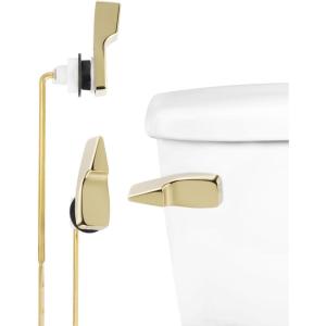 imageHibbent Toilet Handle Replacement Front Mount Tank Flush Lever Handle Compatible with American Standard Toilet Trip Lever with Stainless Steel Flapper Chains WhiteGold
