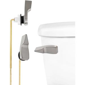 imageHibbent Toilet Handle Replacement Front Mount Tank Flush Lever Handle Compatible with American Standard Toilet Trip Lever with Stainless Steel Flapper Chains WhiteBrushed Nickel
