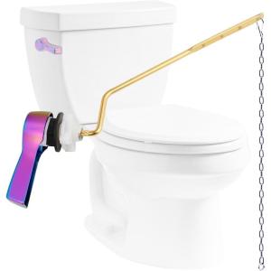 imageHibbent Universal Metal Side Mount Toilet Handle Replacement Kit Brass Toilet Flush Tank Lever with Stainless Steel Flapper Chains for Most Toilets Brushed GoldRainbow