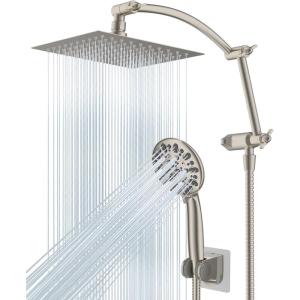 imageHibbent All Metal 10 Dual Filtered Rainfall Shower Head Combo High Pressure Handheld Shower Head with 16 Adjustable Arc Extension Arm 20 Stage Shower Filter 10spray 71 Shower Hose ChromeBrushed Nickel