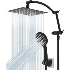 imageHibbent All Metal 10 Dual Filtered Rainfall Shower Head Combo High Pressure Handheld Shower Head with 16 Adjustable Arc Extension Arm 20 Stage Shower Filter 10spray 71 Shower Hose ChromeMatte Black