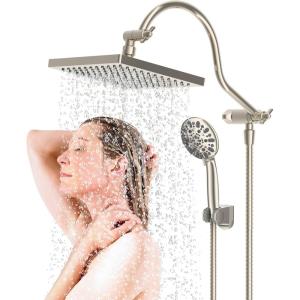 imageHibbent 10 Selfcleaning Rainfall Shower Head High Pressure Handheld Shower Head Showerhead Combo with 12 Adjustable Curved Shower Extension Arm 7Spray 71 Hose Showerhead Holder ChromeBrushed Nickel