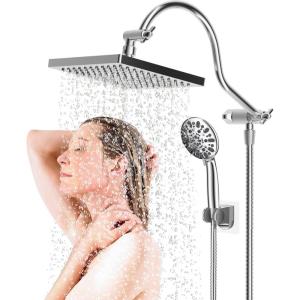 imageHibbent 10 Selfcleaning Rainfall Shower Head High Pressure Handheld Shower Head Showerhead Combo with 12 Adjustable Curved Shower Extension Arm 7Spray 71 Hose Showerhead Holder ChromeChrome