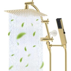 imageHibbent All Metal 10 Filtered Rainfall Shower Head with Handheld Combo High Pressure Shower Wand 16 Adjustable Arc Extension Arm 20 Stage Shower Filter 71 Hose 2 Shower Head Holders ChromeBrushed Gold