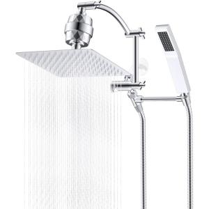 imageHibbent All Metal 10 Filtered Rainfall Shower Head with Handheld Combo High Pressure Shower Wand 16 Adjustable Arc Extension Arm 20 Stage Shower Filter 71 Hose 2 Shower Head Holders ChromeSilver