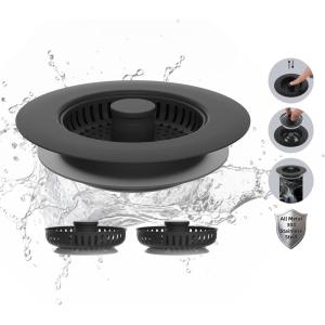 imageHibbent All Metal Stainless Steel 3 in 1 Kitchen Sink Drain Strainer Upgraded AntiRust Sink Stop Combo AntiClogging Stainless Steel Basket Strainer with Metal Handle for US Standard 312quot DrainMatte Black With 3 Strainers