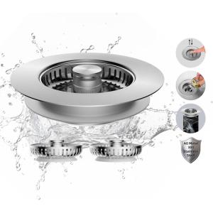 imageHibbent All Metal Stainless Steel 3 in 1 Kitchen Sink Drain Strainer Upgraded AntiRust Sink Stop Combo AntiClogging Stainless Steel Basket Strainer with Metal Handle for US Standard 312quot DrainStainless Steel With 3 Strainers
