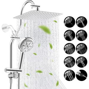 imageHibbent Dual Filter All Metal 10quotRainfall Showerhead Combo High Pressure Filter Shower Head with 10Spray Mode Handheld Innovative 4way Diverter with Pause Mode 71 Shower Hose and Holder ChromeChrome