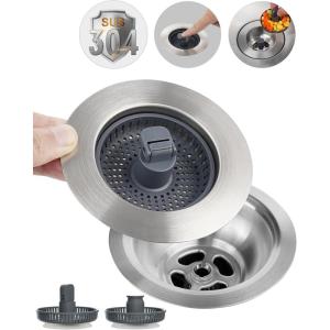 imageHibbent Universal 3 in 1 Metal Kitchen Sink Drain Strainer Upgraded Stainless Steel Stopper Combo Pop Up Stopper with Handle 3 AntiClogging Baskets Fit for US Standard 312 Inch DrainUpgraded Foldable Handle with 3 Baskets