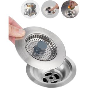 imageHibbent Universal 3 in 1 Metal Kitchen Sink Drain Strainer Upgraded Stainless Steel Stopper Combo Pop Up Stopper with Handle 3 AntiClogging Baskets Fit for US Standard 312 Inch DrainFlat Round Handle with Upgraded SUS304 Strainer
