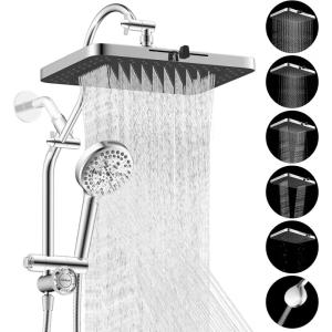 imageHibbent Upgraded 13 Shower Head Combo High Pressure 5 Spray Rainfall Showerhead 10 Spray Mode Handheld All Metal Easy Reach 4way Diverter Shower Arm with Pause Mode 71 Hose and Holder BlackChrome