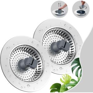 imageHibbent 2 Pack Universal 3 in 1 Kitchen Sink Drain Strainer with Sink Stopper Stainless Steel Wrapped Shell SUS304 AntiClogging Basket Strainer Fit for US Standard 312quot Drain Stainless SteelBrushed Nickel