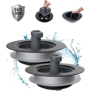 imageHibbent 2 Pack Upgraded 3 In 1 Kitchen Sink Drain Strainer and Stopper Combo Stainless Steel Metal Pop Up Sink Stopper AntiClogging Basket Strainer with Foldable Handle for US Standard 312quot DrainBlack