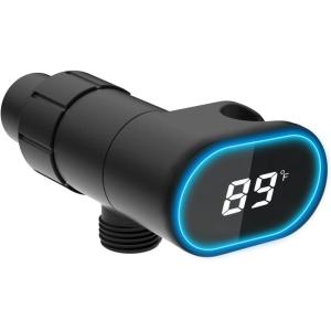 imageHibbent Upgraded Metal Shower Head Holder with LED Display Shower Thermometer Adjustable Shower Arm Mount for Handheld Shower Head Universal Shower Head Bracket Solid Brass Pivot Ball ChromeMatte Black