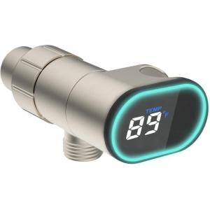 imageHibbent Upgraded Metal Shower Head Holder with LED Display Shower Thermometer Adjustable Shower Arm Mount for Handheld Shower Head Universal Shower Head Bracket Solid Brass Pivot Ball ChromeBrushed Nickel