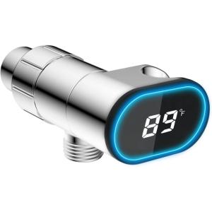 imageHibbent Upgraded Metal Shower Head Holder with LED Display Shower Thermometer Adjustable Shower Arm Mount for Handheld Shower Head Universal Shower Head Bracket Solid Brass Pivot Ball ChromeChrome