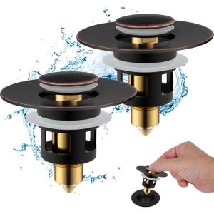 imageHibbent All Metal Universal Bathroom Sink Stopper for 1123 Basin Pop Up Sink Drain Strainer Brass Bullet Core Push Type Stopper Stainless Steel Anti Clogging Drain Filter ChromeOil Rubbed