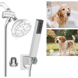 imageHibbent All Metal Dog Sprayer Attachment Set Stainless Steel Pet Shower Sprayer for Dog Washing and Bathing 4 Sprays Handheld Showerhead with Pause Mode Brass Shower Arm Diverter Valve 119quot HoseChrome