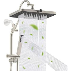 imageHibbent Upgraded 13 Shower Head Combo High Pressure 5spray Rainfall Showerhead Stainless Steel 4 Modes Handheld Spray All Metal 4way Diverter Valve Extension Arm 71 Hose and Holder ChromeBrushed Nickel