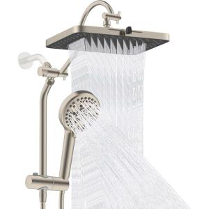 imageHibbent Upgraded 13 Shower Head Combo High Pressure 5 Spray Rainfall Showerhead with 10 Spray Modes Handheld All Metal 3way Diverter Shower Arm 71 Hose and Holder Matte BlackBrushed Nickel