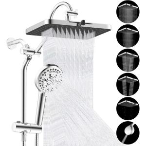 imageHibbent Upgraded 13 Shower Head Combo High Pressure 5 Spray Rainfall Showerhead with 10 Spray Modes Handheld All Metal 3way Diverter Shower Arm 71 Hose and Holder Matte BlackChrome